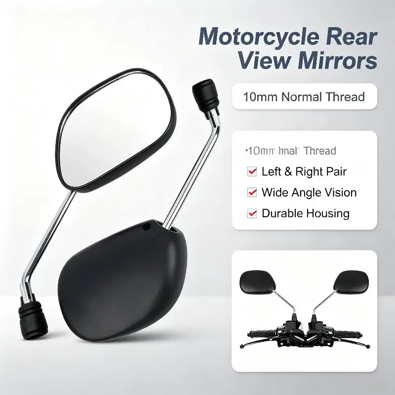 Universal 10mm Thread Black Oval Rearview Mirror Wide View for 125 Motorcycle E-bike Scooter Daily Commute