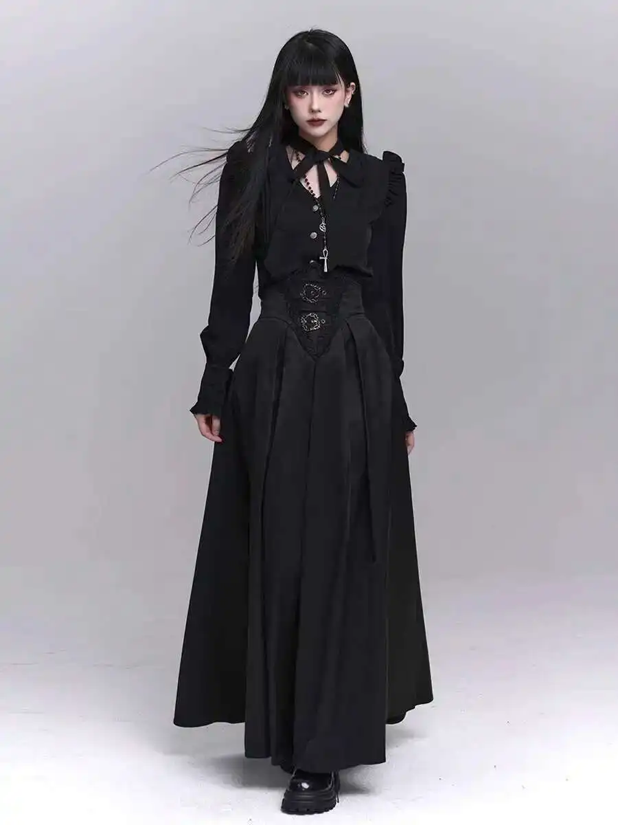 White Shirts Women´s Casual Solid Black Pleated Long Skirts Big Hem Elastic Waist Loose Fit Skirts Simple Style Bottoms