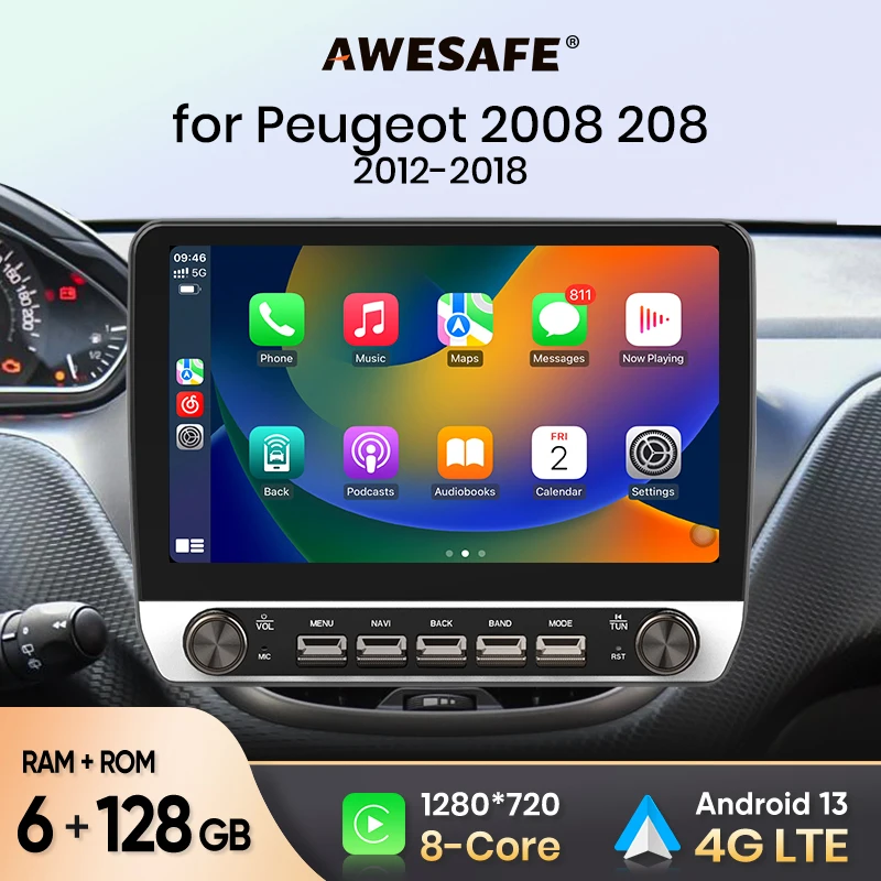 AWESAFE Car Radio for Peugeot 2008 208 2012 - 2018 Wireless Carplay for Apple Android Auto Stereo with Buttons Multimedia GPS 4G