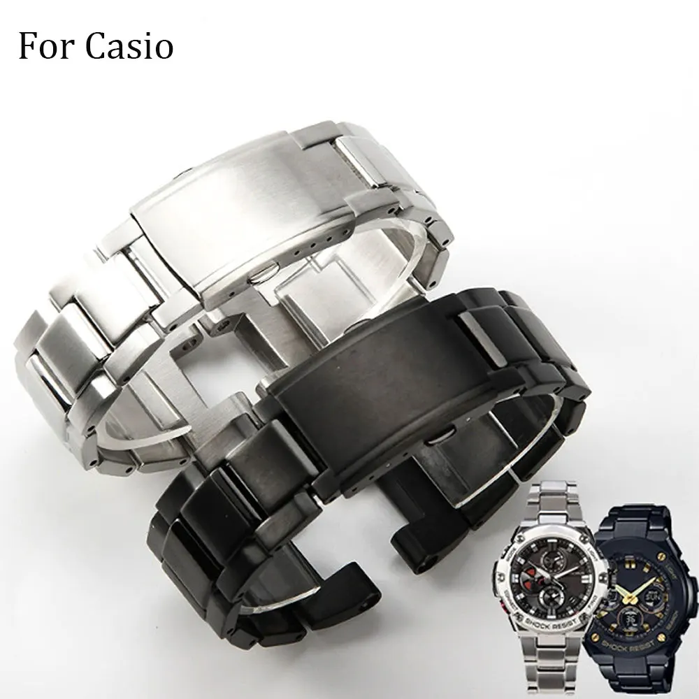 

For Casio GST-B100 Concave Interface Steel Watch Strap for Men GST-W300/S310/400G/410 Watch Bracelet 26x14mm Steel Black
