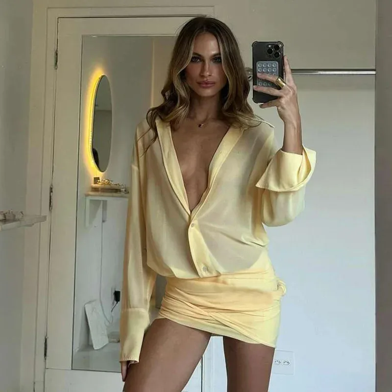 فستان JINIA Fashion شفاف من خلال قميص قصير بأكمام مضيئة مثير للحفلات والنوادي فساتين مكشكشة وطية صدر السترة ملابس خروج