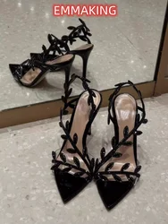Black Rhinestone Leaf Sandals Patent Leather Slingback High Heels Pumps Sexy Pointed Open Toe Sandals for Women Party Shoes 43