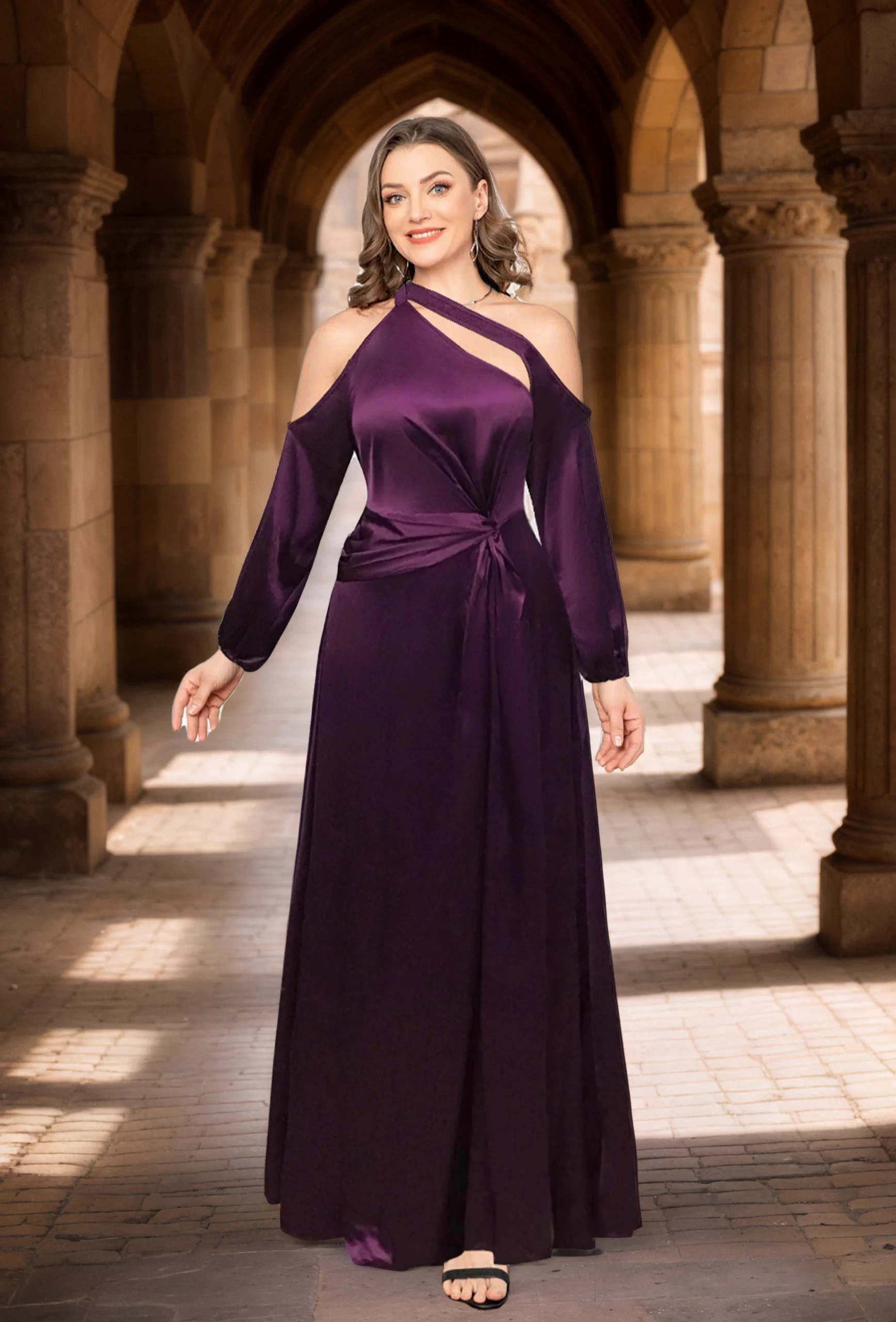 

Women Off the Shoulder Evening Long Dress Irregular High Split Satin Elegant Wedding Guest Party Cocktail Maxi Formal Dresses