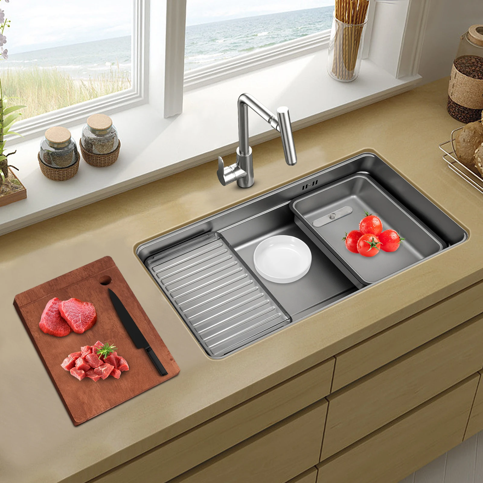 Stainless Steel Sink Low Noise Easy to Clean Modern Kitchen Sink with Anti-Overflow Hole 7.8KG