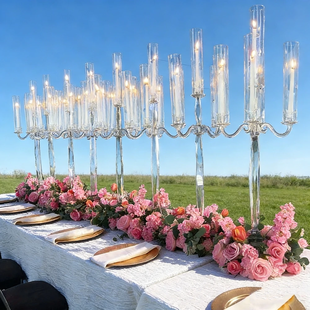 1-10pcs)5 Arms glass Crystal Candelabra with Glass Hurricane Cups Wedding Candelabra Centerpiece