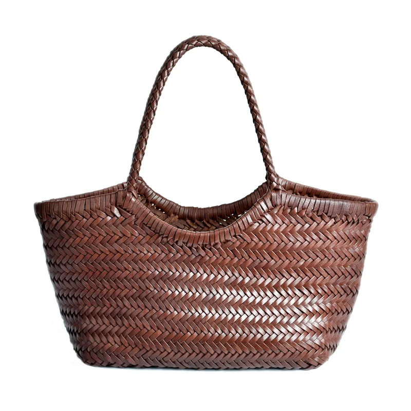 

Hand woven leather casual plant basket bag with built-in casual woven bag vintage shopping tote bag