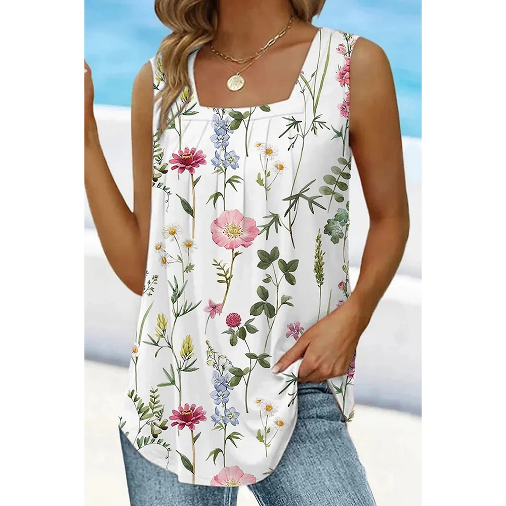 Camiseta sin mangas con cuello cuadrado y estampado Floral plegable blanco informal de talla grande