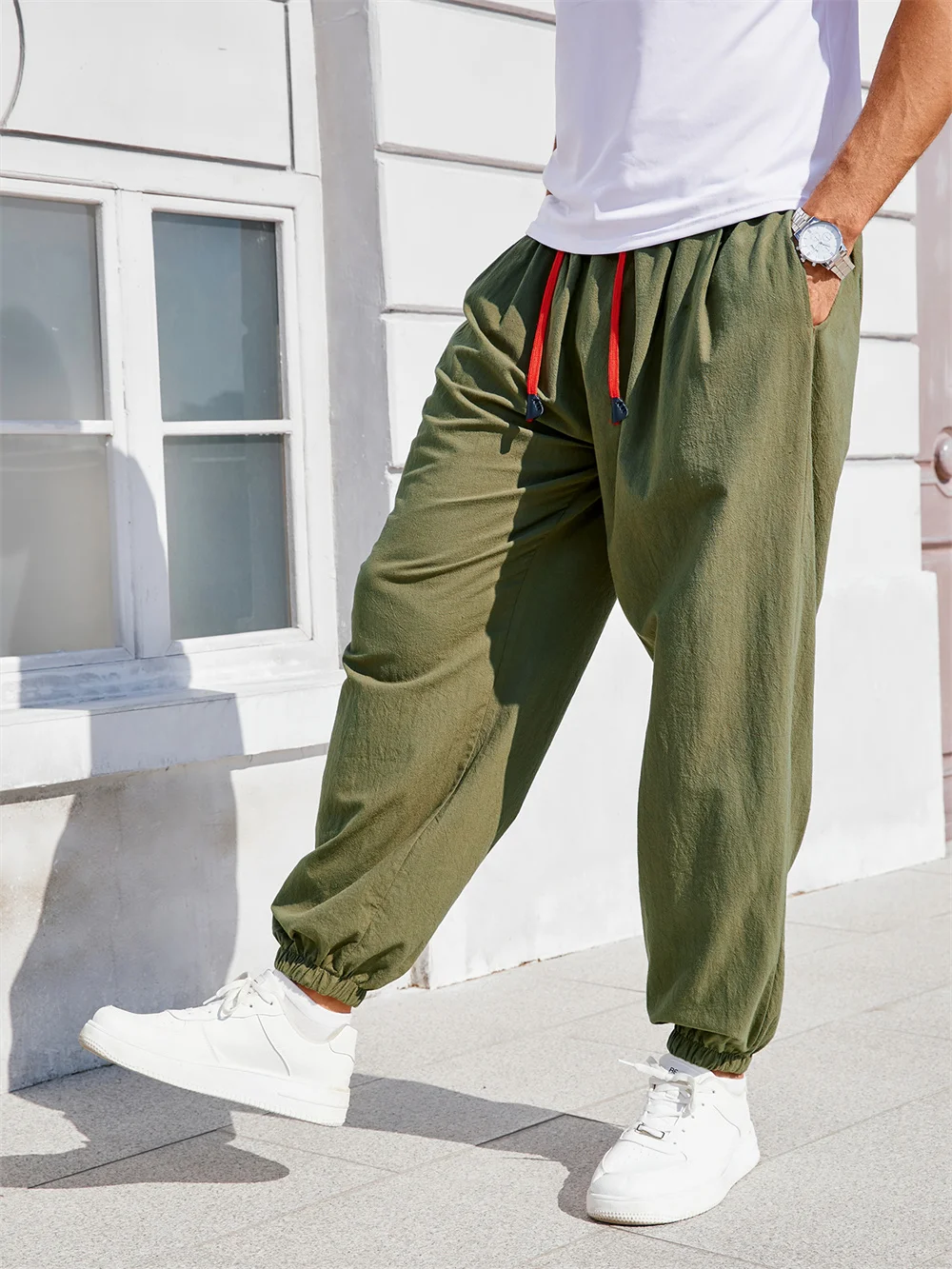 Herren-Haremshose, lockere Passform, chinesischer Stil, Baumwolle, Leinen, einfarbig, gemütliche Jogginghose, Jogger, hochwertige männliche Freizeithose – Detail 4