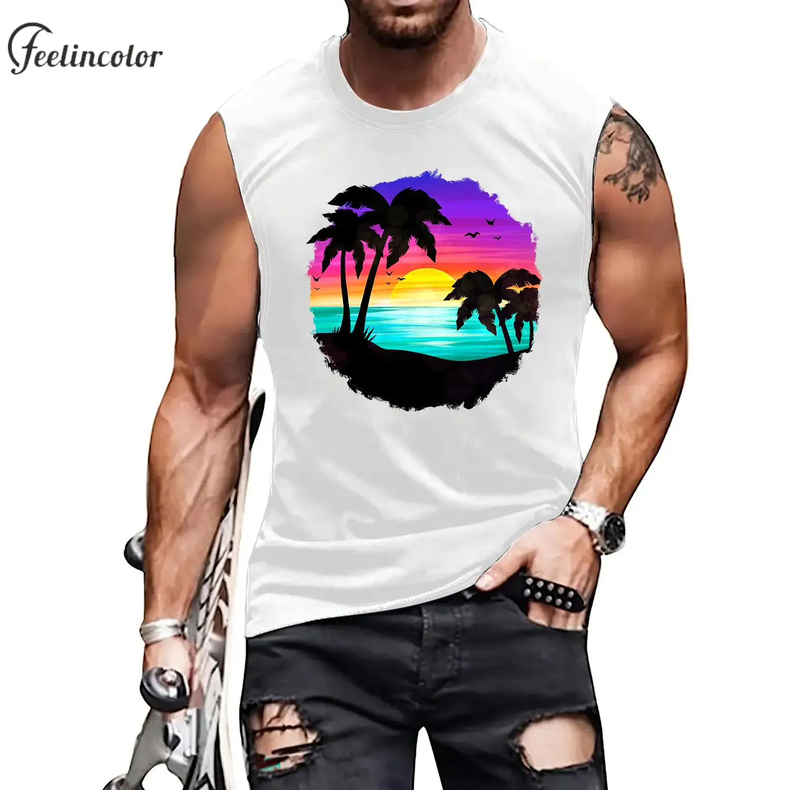 Beach Palm Trees Graphic Tank Tops Men Hawaiian Sleeveless Shirt White Black Summer Holiday Streetwear Meet Me Workout Clothing