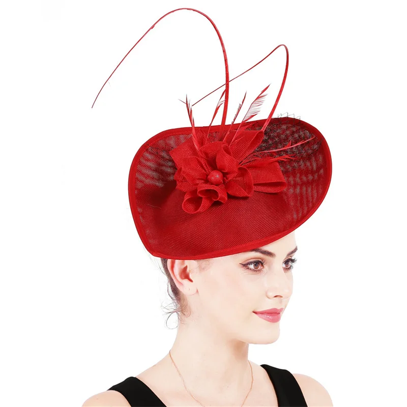 Vintage Women Red Nice Fascinator Hats For Kentucky Derby Imitation Linen Party Hat Bridal Wedding Headwear Cocktail Accessories