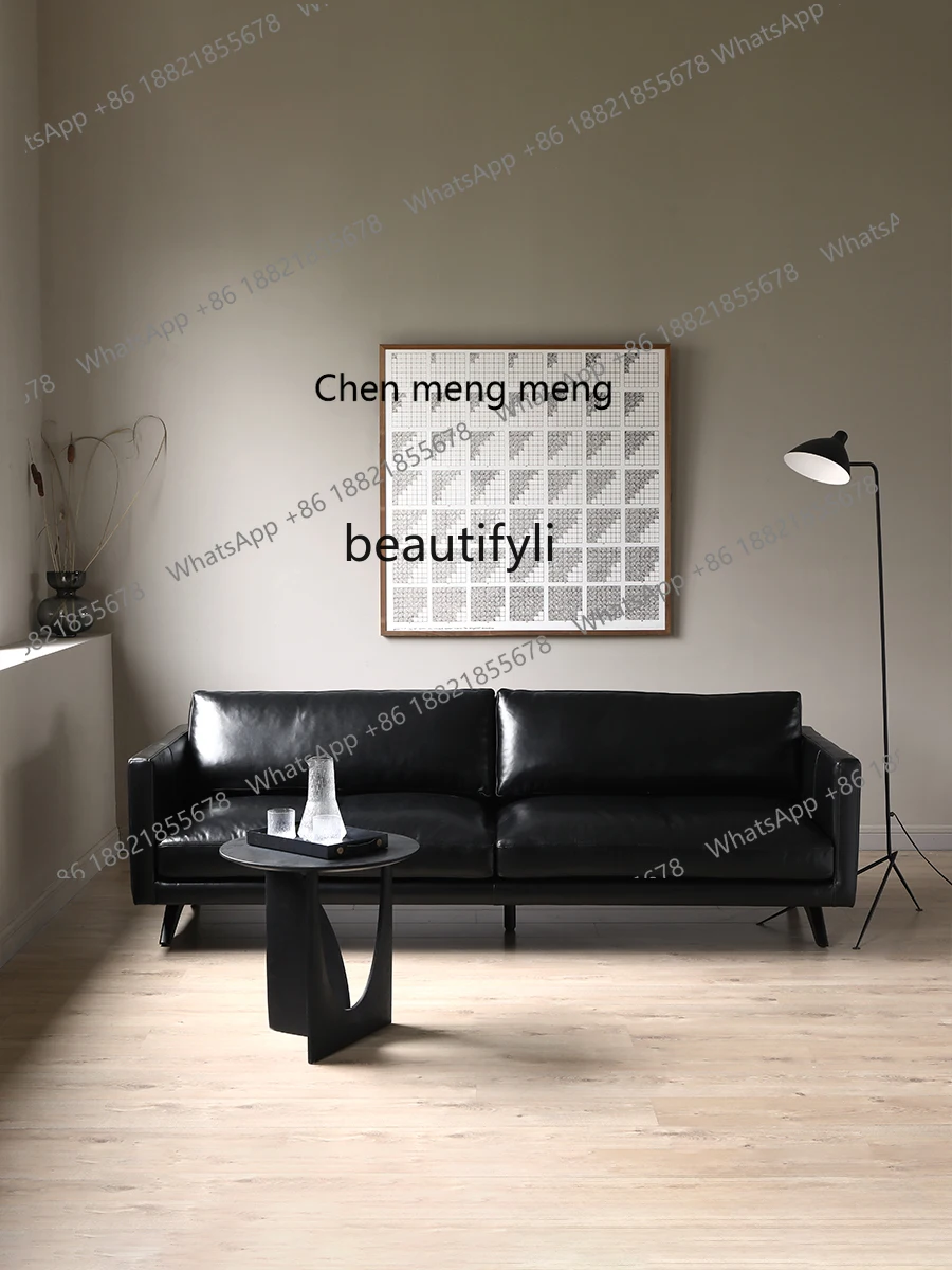 Nordic Genuine Leather Leather Sofa Chinese Style Three-Seat Black Sofa Living Room Furniture