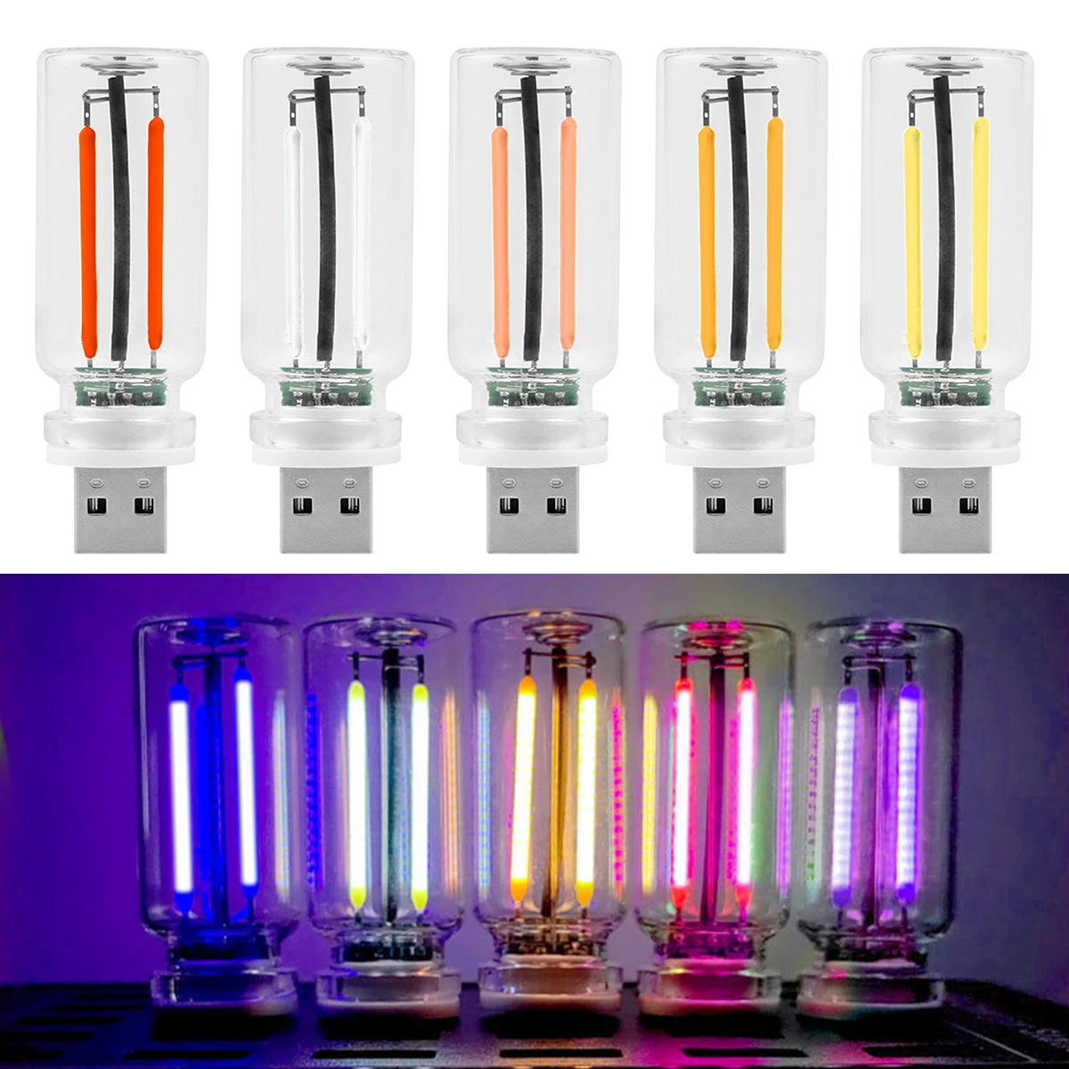 USB Car Atmosphere Light Touch Dimming Bulb Night Light Retro Led Incandescent Filament Lamp Plug Play Decorative Ambient Lamp