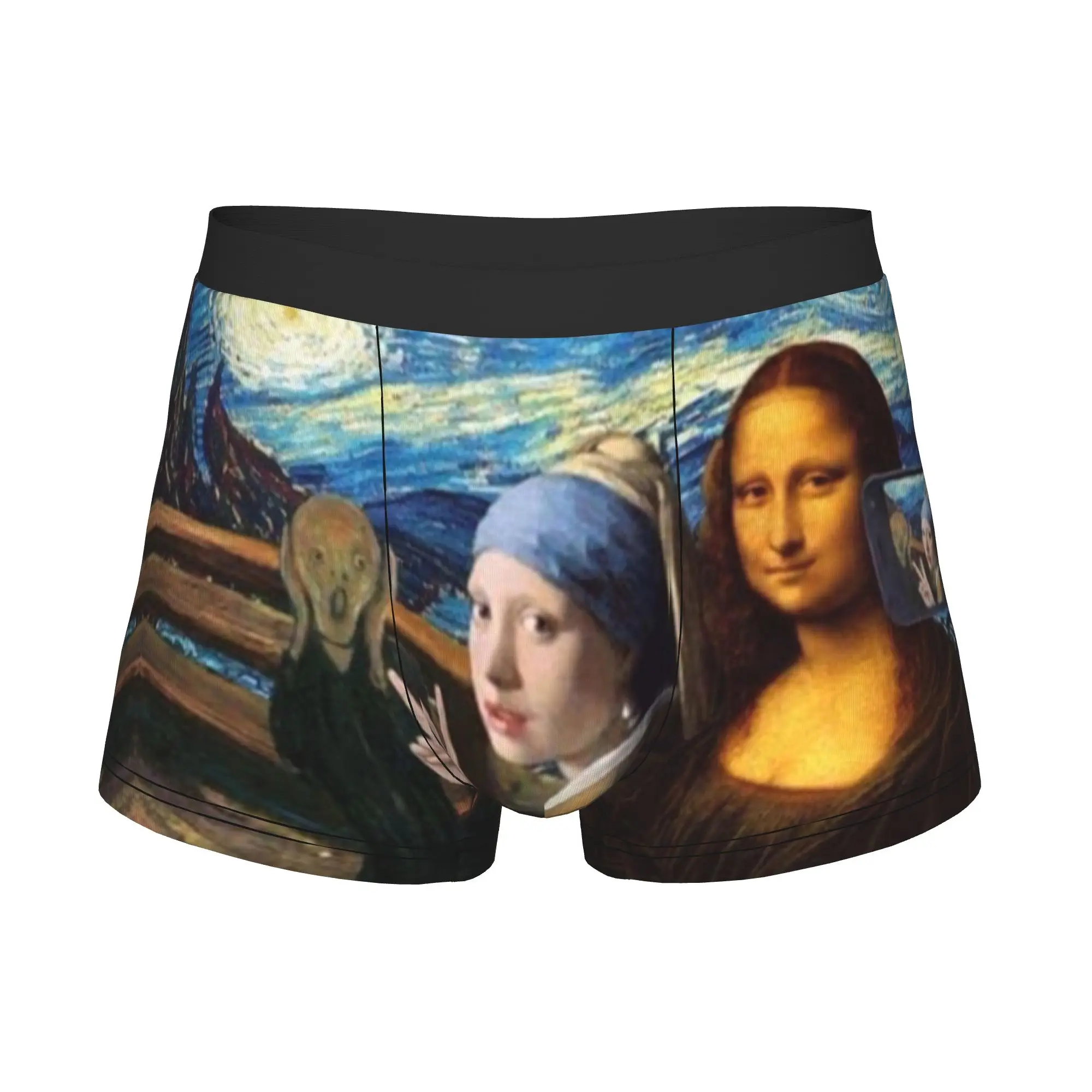 Starry Night By Mona Lisa and Vincent Van Gogh Boxers Shorts Panties Male Underpants Breathable Art Painting Briefs Underwear