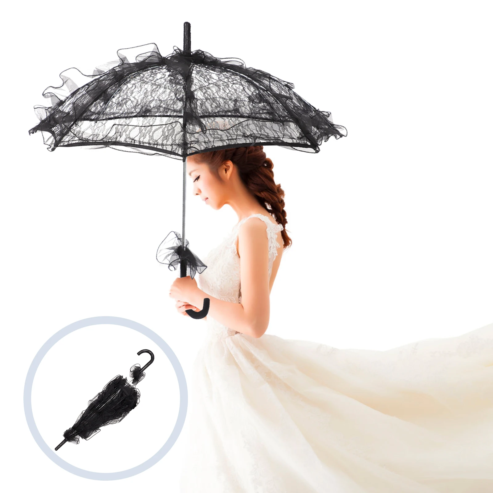 

Lace Umbrella Bridal Wedding Photo Prop Stage Performance Parasol Lightweight Aluminum Alloy Frame Comfortable Handle Decorative