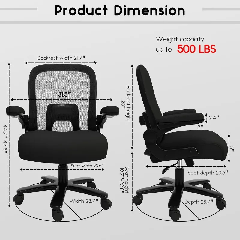 Office Chair with Adjustable Lumbar Support,Heavy Duty Mesh Desk Chair Wide Seat, Black,Hold up to 500lbs