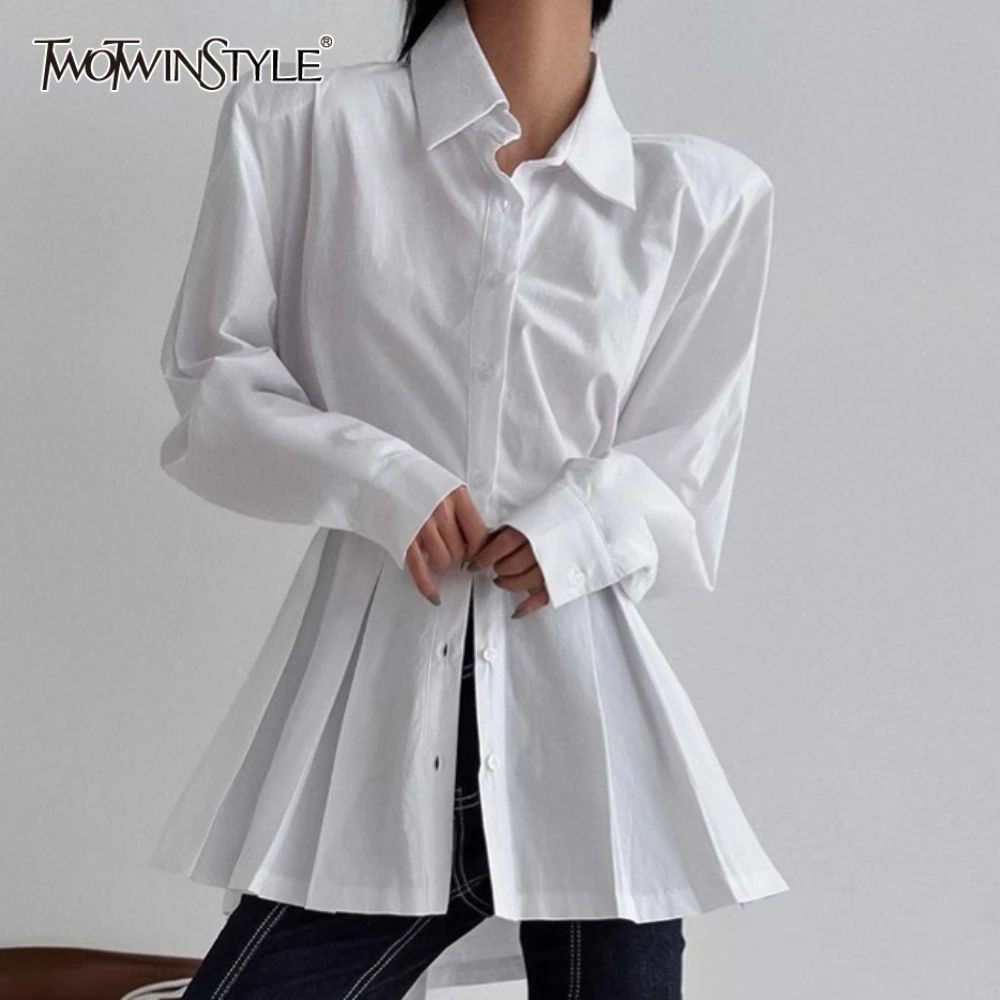 

TWOTWINSTYLE Solid Office Slimming Shirt for Women Lapel Long Sleeve Patchwork Folds Hem Temperament Shirts Female Fashion Style