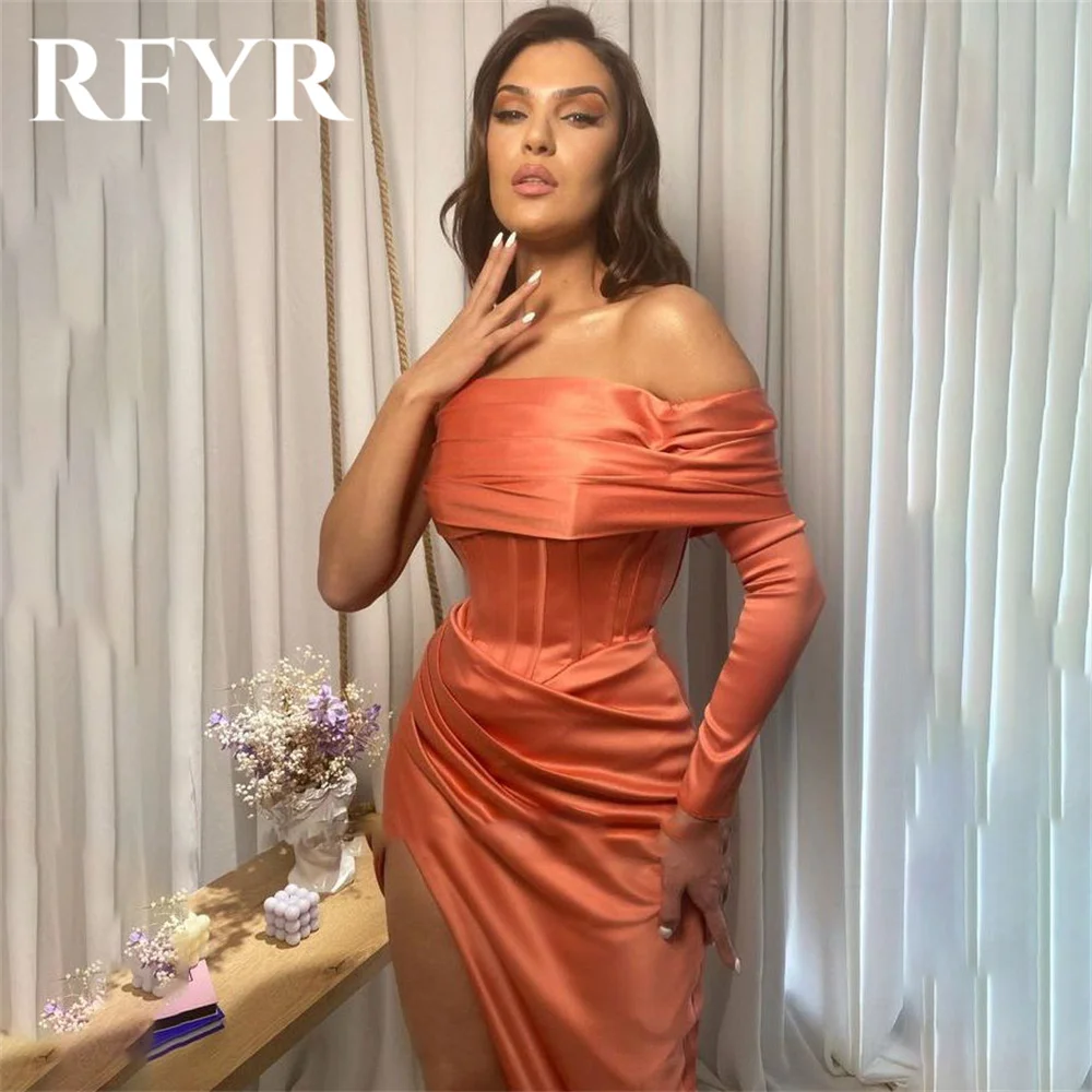 RFYR Orange Elegant Strapless Women Evening Dresses Simple One Shoulder with Pleats Trumpet Prom Formal Gowns Dress Customized