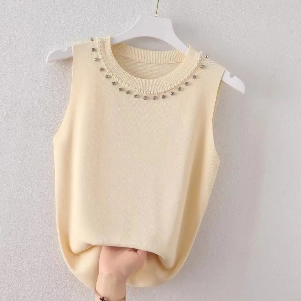 Einfache, beliebte, einfarbige, ärmellose Strickweste für Damen – Vielseitiges Sommer-Oberteil 2026 mit Rundhals und Perlen – Lässiger Trend – Detail 3
