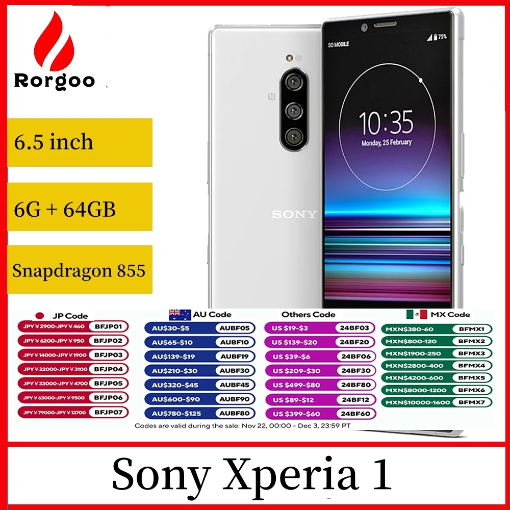 Sony Xperia 1 J8110 J9110 64GB ROM 6GB RAM XZ4 Snapdragon 855 6.5