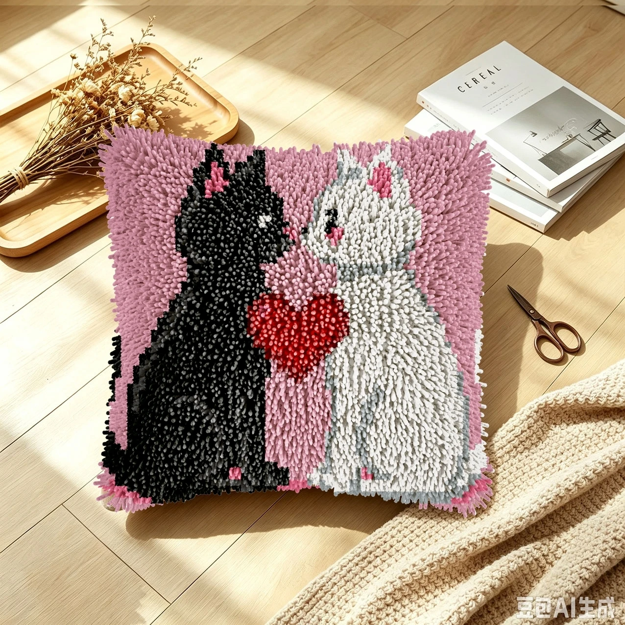 1 Set Katzen-Herzknoten-Kissen-Set mit Häkelnadel für Paare, Kissenbezug-Set für Handarbeiten, Häkelnadel-Sets, DIY, anfängerfreundlich – Detail 3