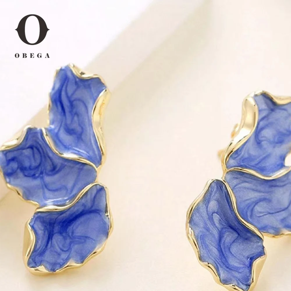 Obega Metal Flower Cream Blue Epoxy Earring Stud Women Fashion Gold Color Irregular Post Earrings Heavy Design Statement Earring