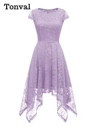 Tonval Evening Party Vintage Lace Long Dresses for Women 2024 O-Neck Cap Sleeve Asymmetrical Hem Prom Elegant Dress