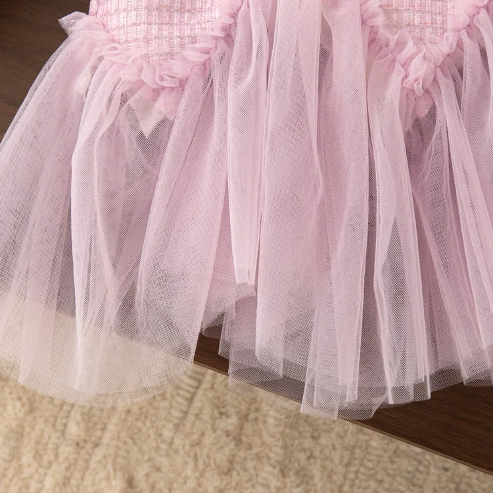 الربيع والخريف جديد 1-4 سنة فتاة طفل الحلو ولطيف القوس طويلة الأكمام تقسم فستان شبكي ملابس الأطفال النسخة الكورية #5