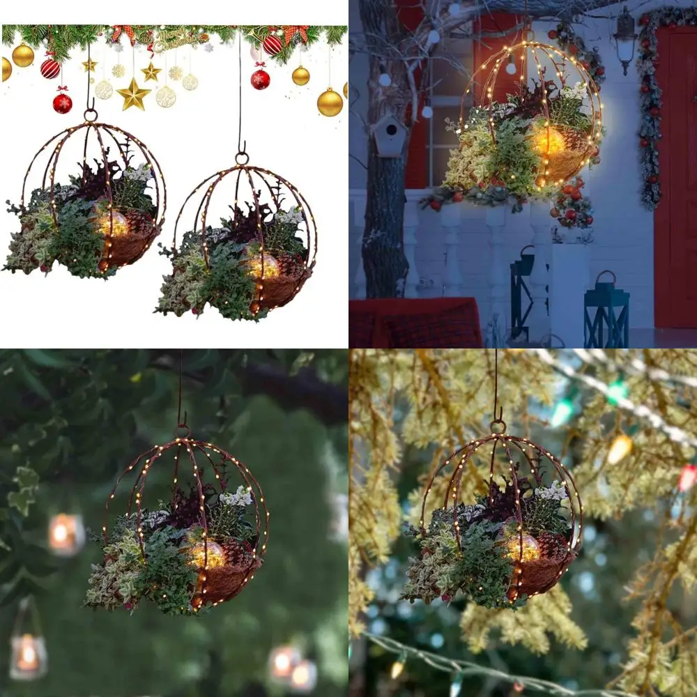 

Набор предварительно освещенных подвесных корзин для улицы из искусственной сосновой шишки и красных ягод на Рождество