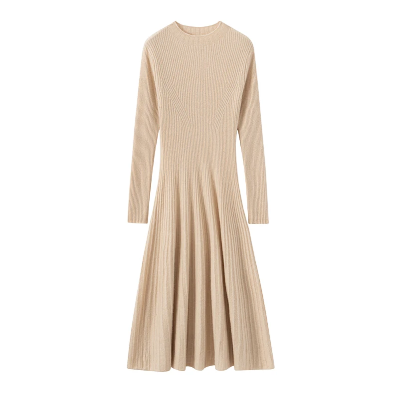 

Autumn Winter 100% Cashmere Pullover Dress Women Soild O-neck Fit Slimming Knit Versatile Long Sleeve Dress Elegant Soft Comfort