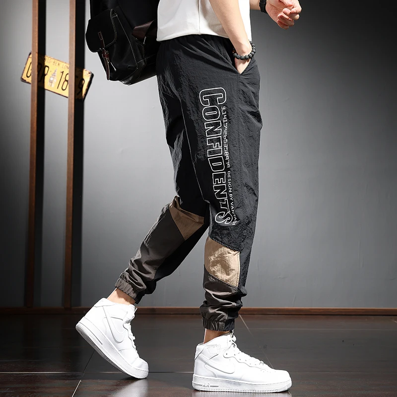 

Мужские летние тонкие спортивные брюки из ледяного шелка, быстросохнущие, дышащие, свободного кроя, с полосатым дизайном и шнурком