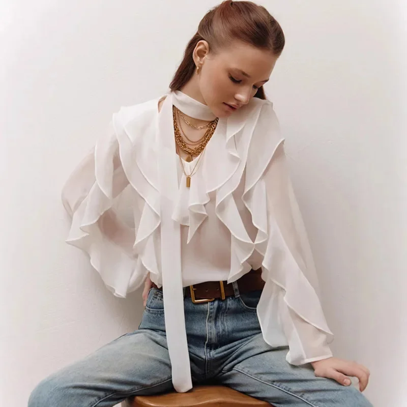 2025 Summer Chiffon Blouse For Women Loose Fit V Neck Long Sleeve Sheer Top With Ruffles Neck Tie Elegant Office Style Clothes