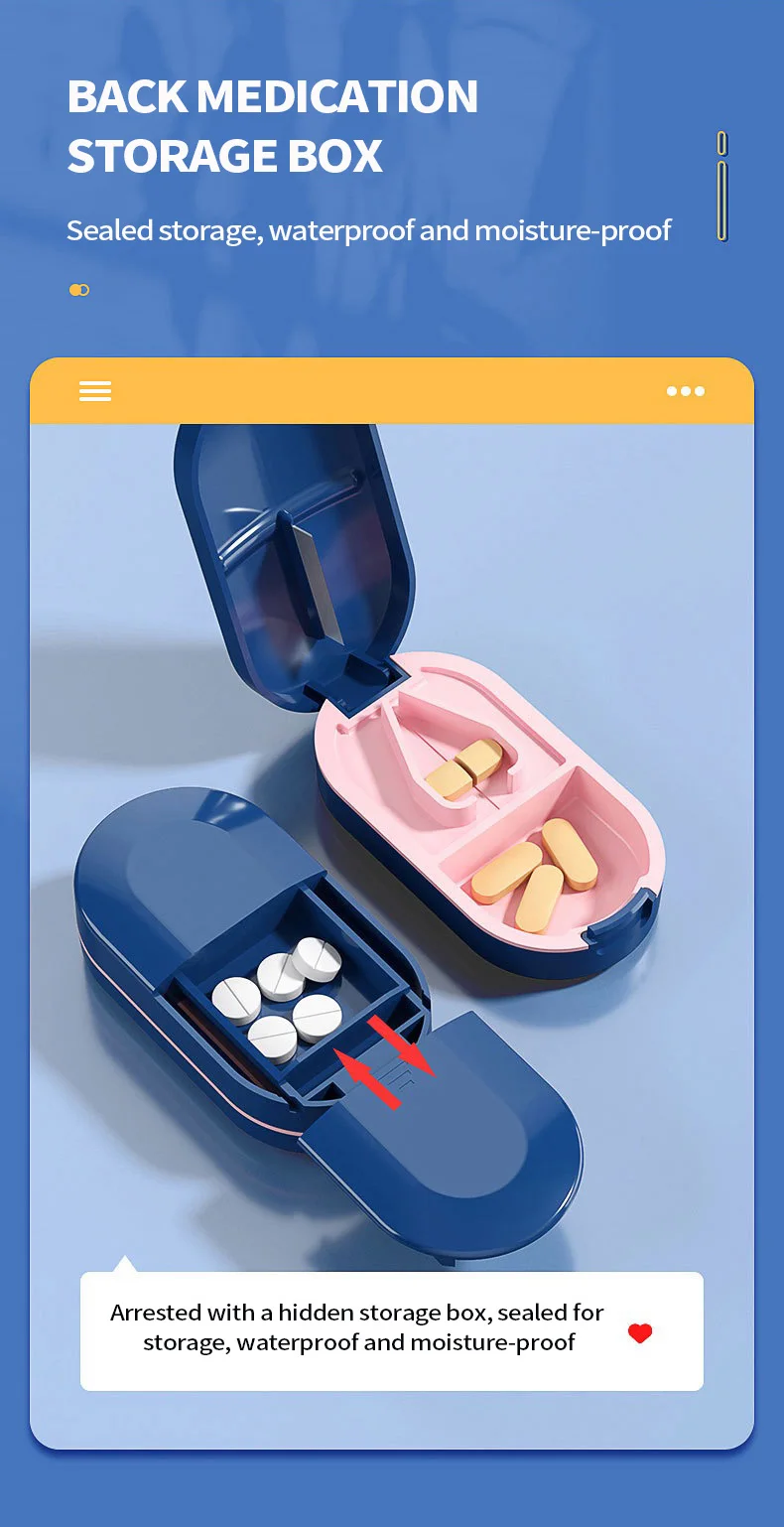Tragbarer Pillenteiler 2-in-1 Pillendose mit Edelstahlklinge, geeignet zum Schneiden von Vitamin- und Tabletten in 1/2 und 1/4 Stück. – Detail 8