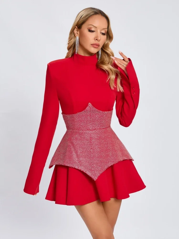 Sexy Turtleneck Red A-line Mini Dresses for Women Waist Sparkle Diamonds Long Sleeve Crystal Celebrity Evening Party Club Dress