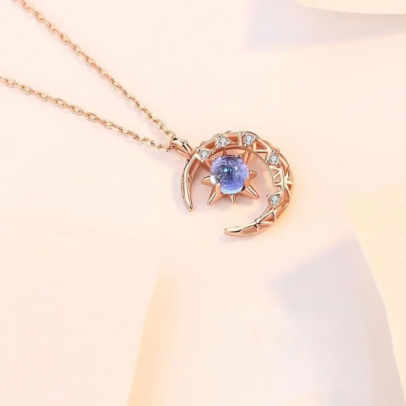 Sweet and Romantic Blue Zircon Star and Moon Pendant Necklace Women's Fashion Temperament Party Valentine's Day Jewelry Gift