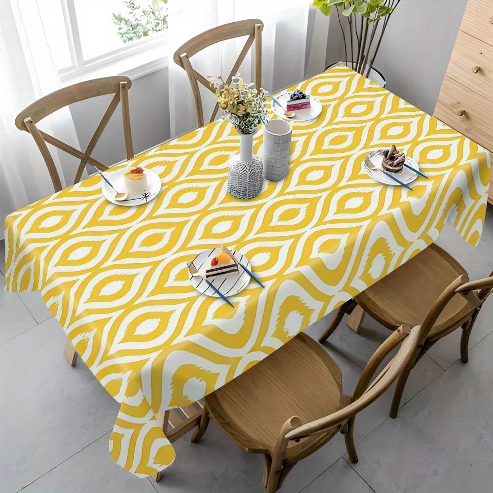 Bright yellow geometric pattern tablecloth, suitable for family gatherings and daily use, 100% polyester.