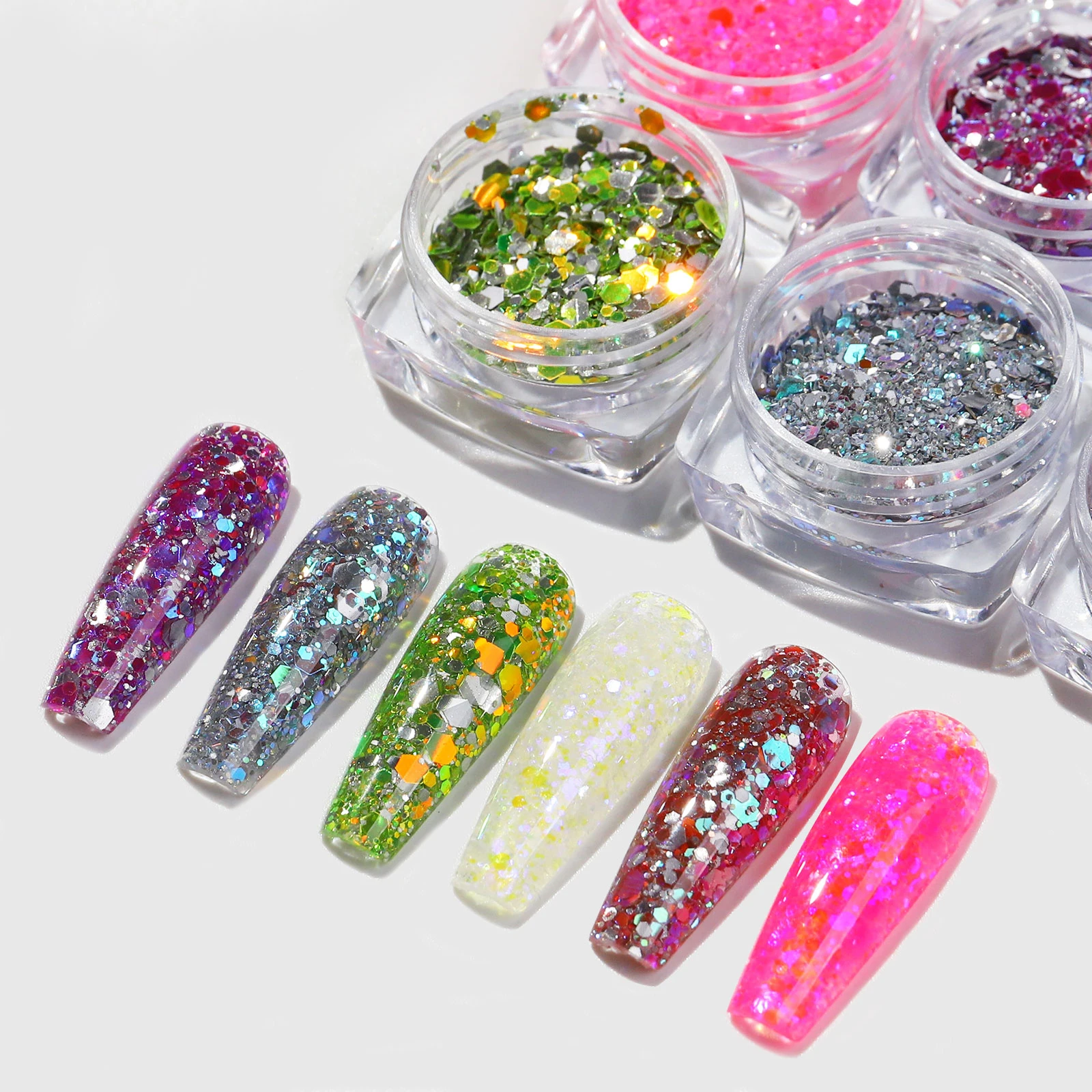6pcs/set Reflective Flash Glitter Nail Powder Flash Disco  Crystal Diamond Chrome Pigment Dipping Powder  Dazzling Party Sparkly