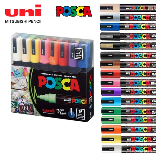 Juego de marcadores UNI POSCA de Japón, 16 Uds., dibujo de grafiti acrílico, permanente, impermeable, PC-3M/1M/5M de dibujo para niños, suministros de arte