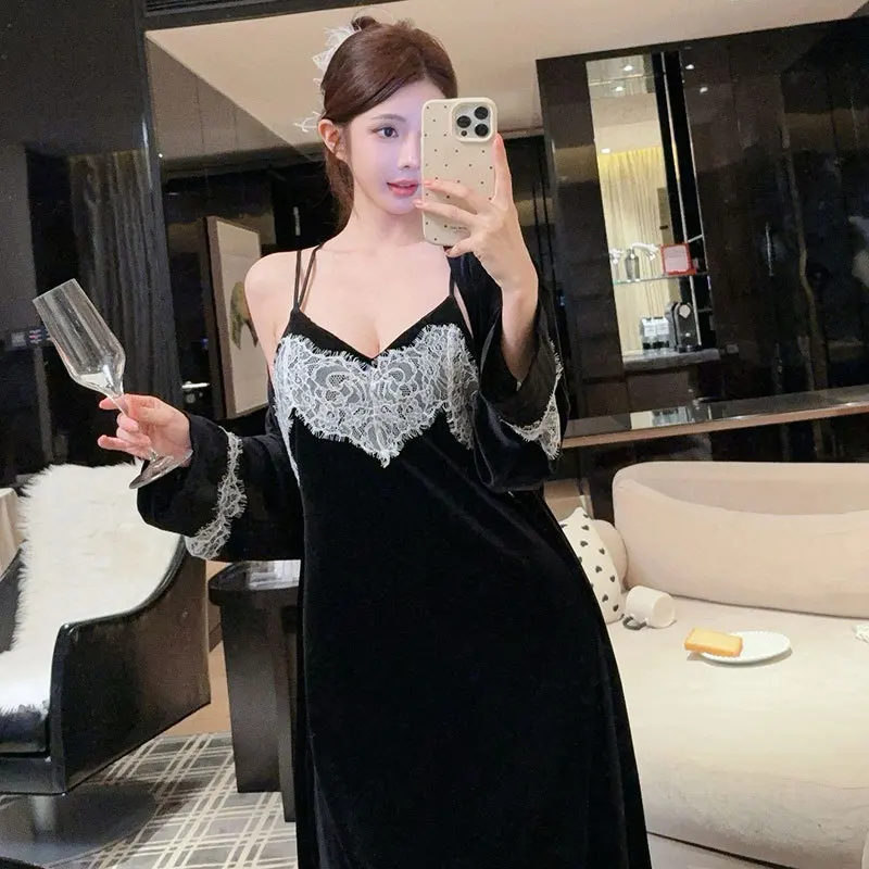 

Warm Velour Night Wear Long Velour Robe Set Loungewear Women Sexy Sleepwear Female Long Bathrobe Gown Intimate Lingerie