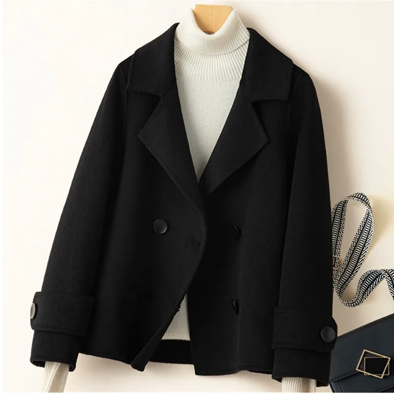 UHYTGF High-End Double-Sided Cashmere Coat Women Double Breasted Casual Spring Autumn100% Wool Jacket Female Short Outewear 2620