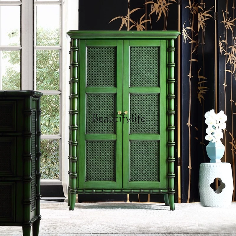 

Solid wood retro bamboo medieval designer side cabinet French multi-purpose storage shoe cabinet