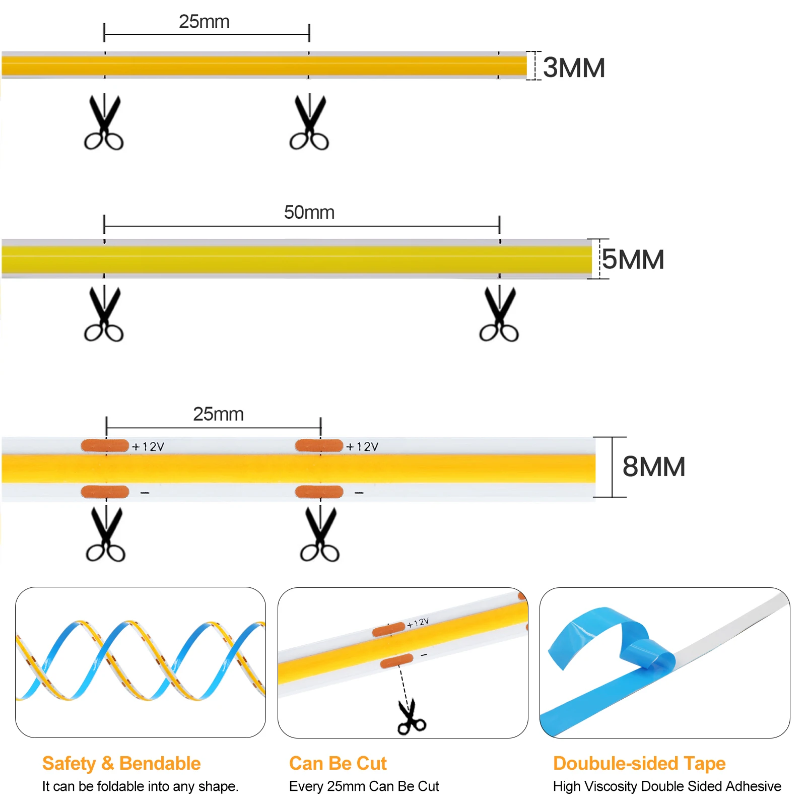 DC 12V COB Strip White/Pink/Red/Yellow/Ice Blue/Green 3MM 5MM 8MM Home Decor TV Backlight 0.5M 1M 4M 5M Flexible Ribbon Rope
