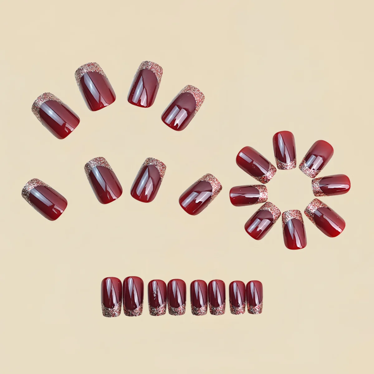 여성 및 소녀용 중간 크기 사각형 풀커버 프렌치 스타일 글리터 네일 팁 갈색 빨간색 잎 디자인 프레스온 인조 네일 아트