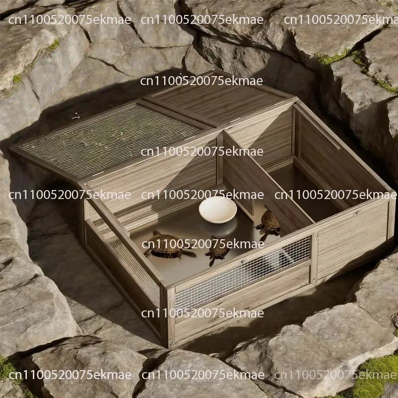 Wooden Turtle Feeding Box Indoor Outdoor Fence, Household Small Animal Feeding Box Amphibian Cage Reptile Gecko Lizard Snake