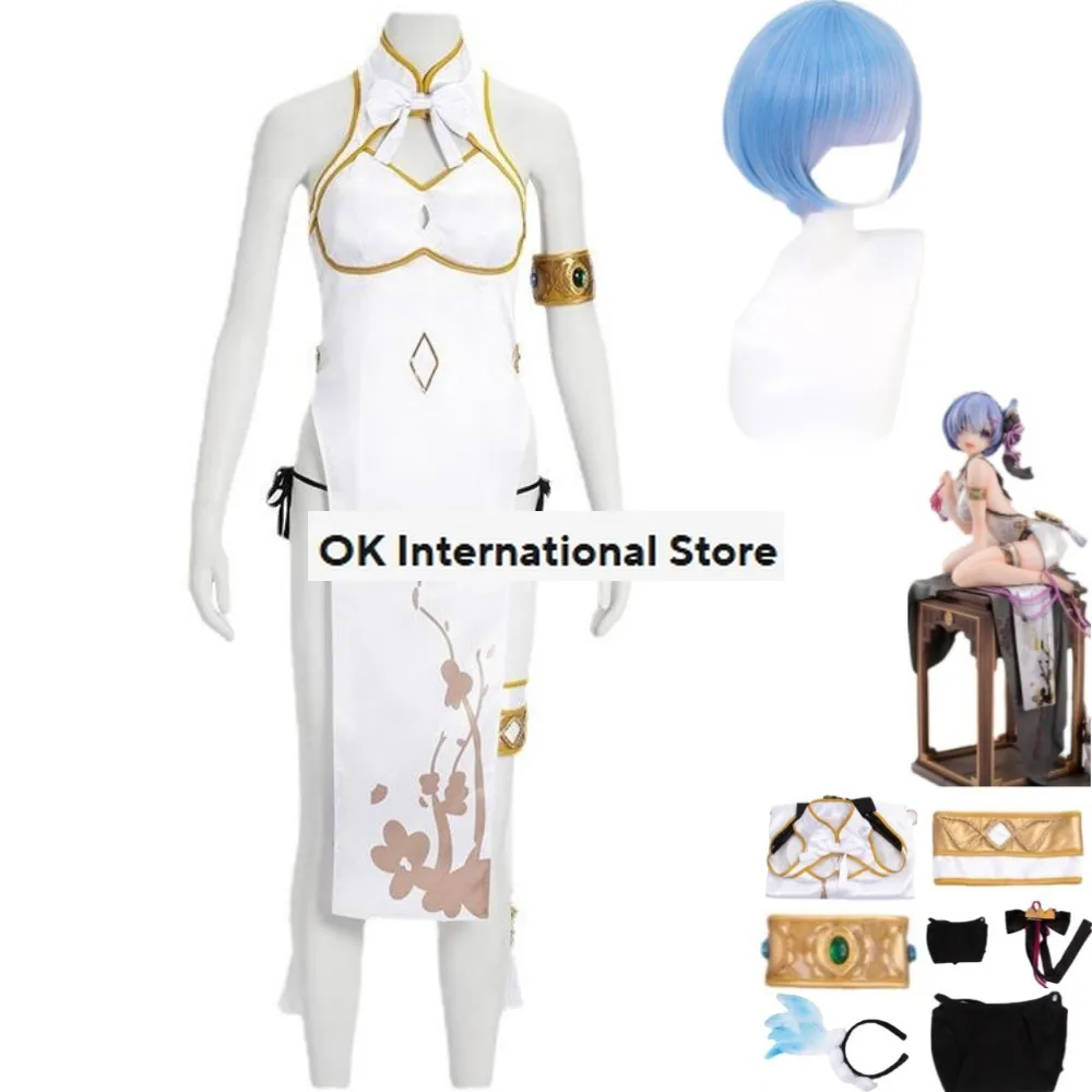 Anime Re:Life In A Different World From Zero Rem Cosplay Costume Wig Chinese Style Forking Cheongsam Woman Sexy Carnival Suit