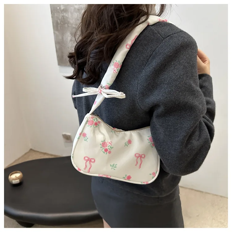 

Gentle and Sweet Flower Bag Women's Drawstring Single Shoulder High Beauty Broken Flower Bow Underarm Bag