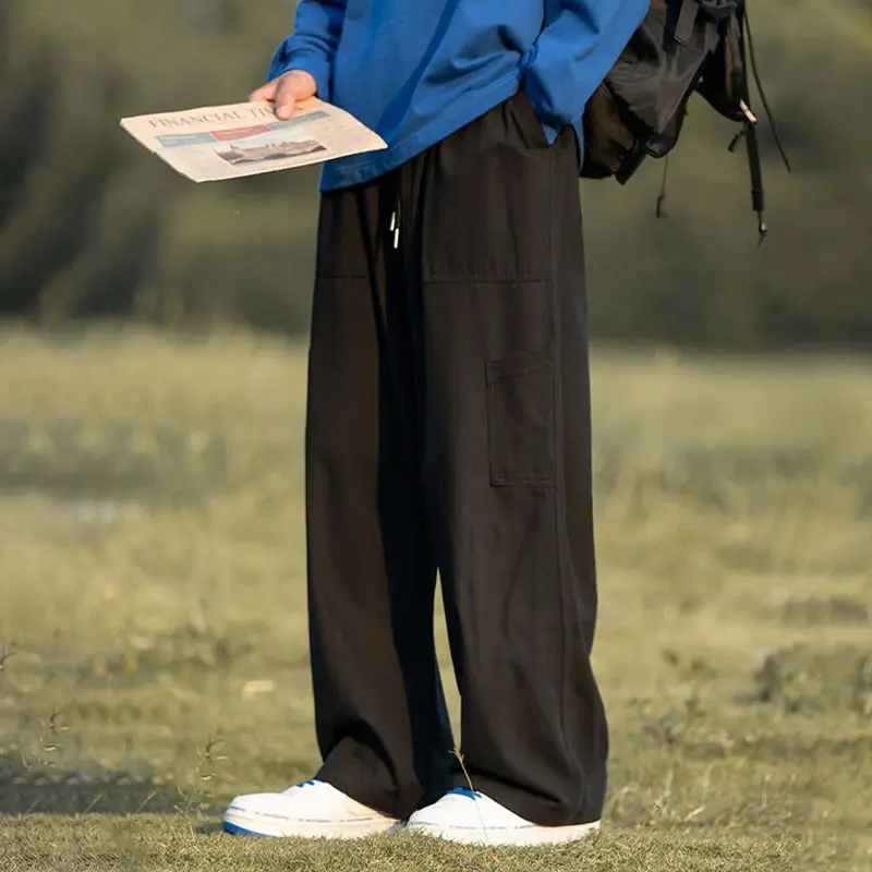 England Stil Feste Elastische Hohe Taille Taschen Hosen Cargo Gerade Kordelzug Taste männer Kleidung Frühling Herbst Hosen