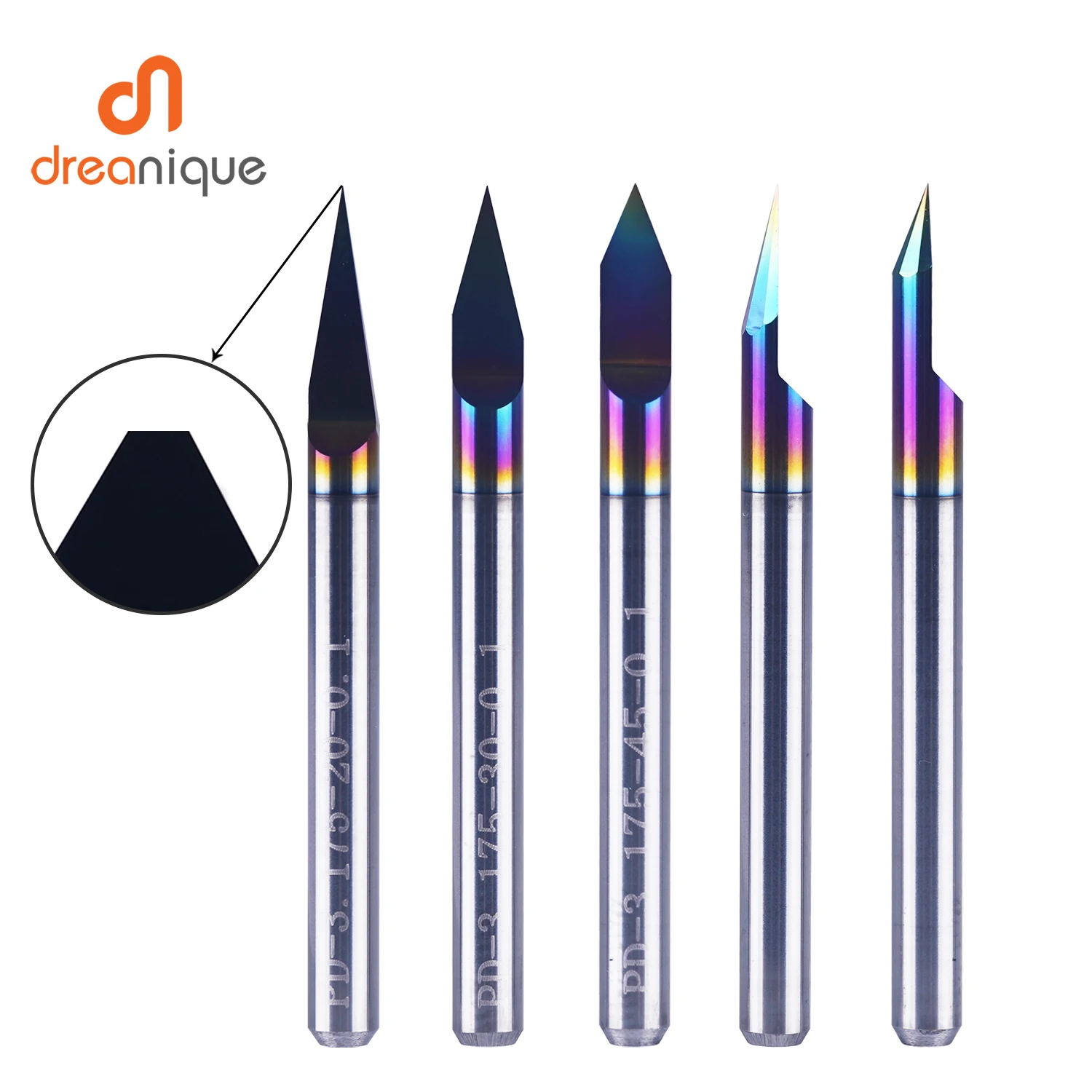 

Dreanique 5pc/lot Flat Bottom Carbide PCB Engraving Bit 3.175mm Shank DLC Coated 30 60 90deg 0.1 0.2 0.3mm Tip V Groove Bit Tool