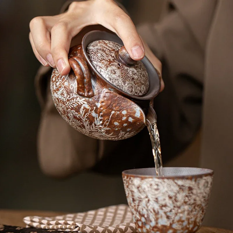 190ml Retro Flower Gilded Silver Hand Grasping Pot Old Rock Mud Treasure Bottle Pot Coarse Pottery Filter Kettle Kung Fu Teaset