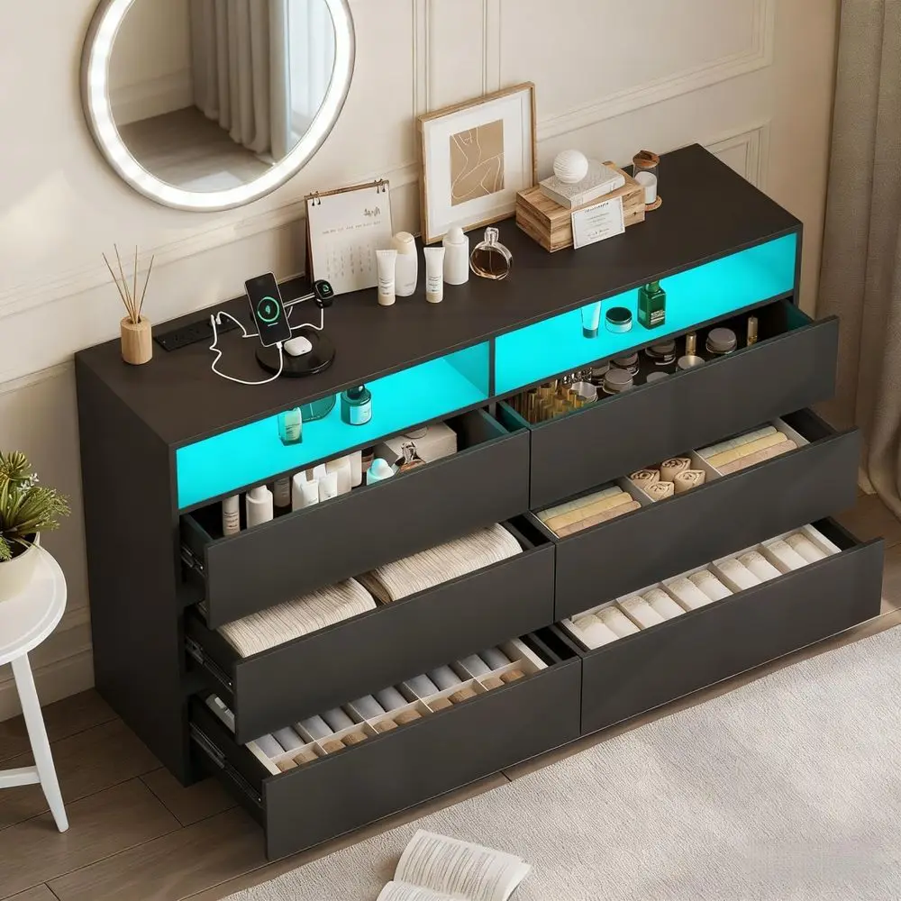 6-Drawer Wood Chest with LED Lights, Power Outlet, and Double Wide Storage Organizer for TV Stand in Living Room, Entryway, and