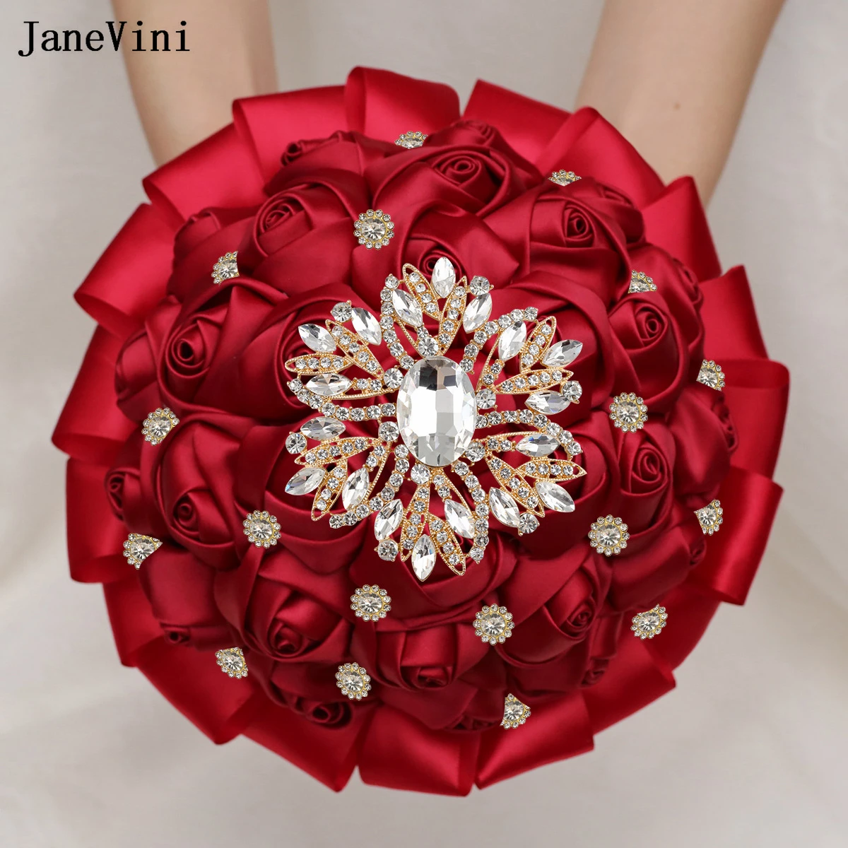 

JaneVini New Burgundy Wedding Bouquets for Bride Bling Gold Rhinestones Artificial Satin Roses Bridal Flower Bouquet Customized